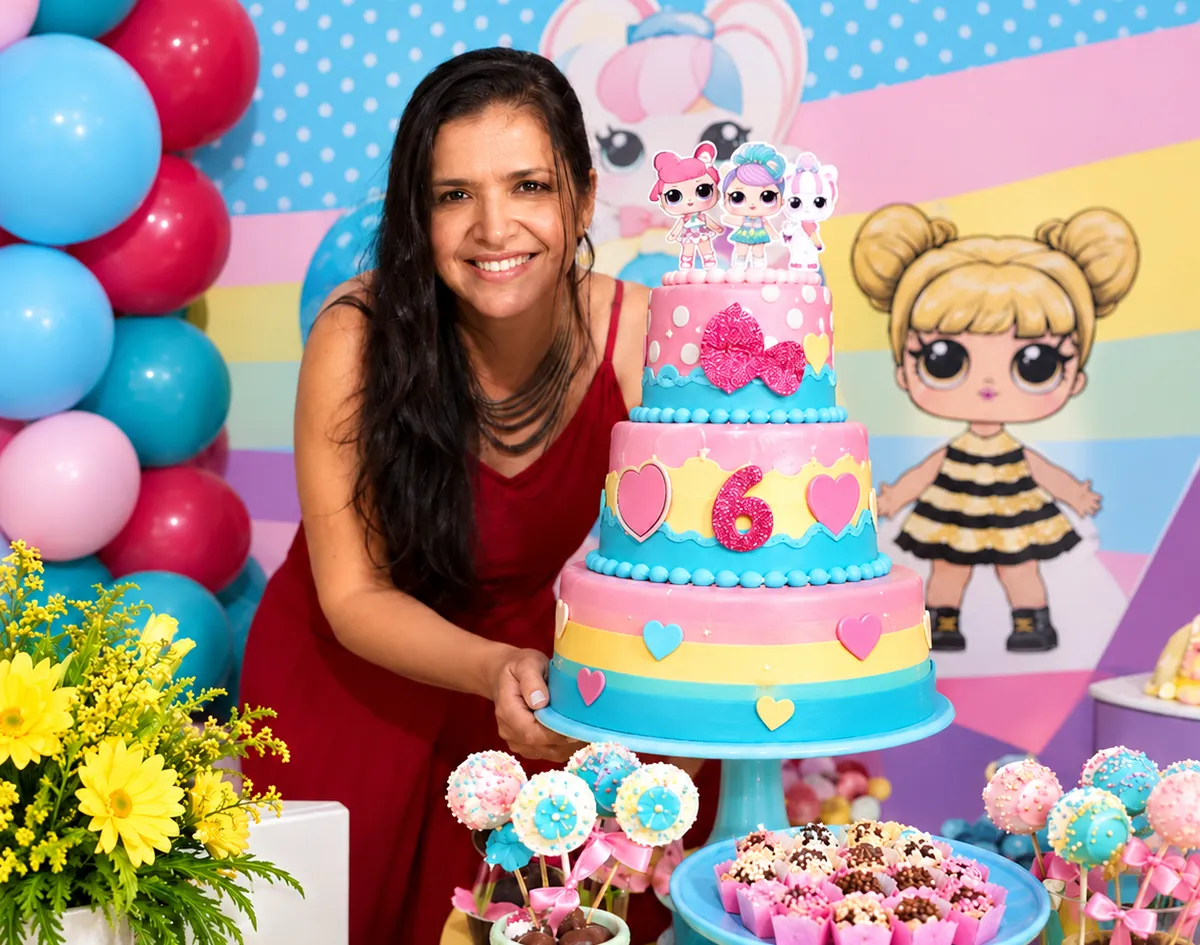 Confeiteira da Doces Luma Cakes ao lado de um bolo temático de três andares em mesa de festa infantil em Caruaru