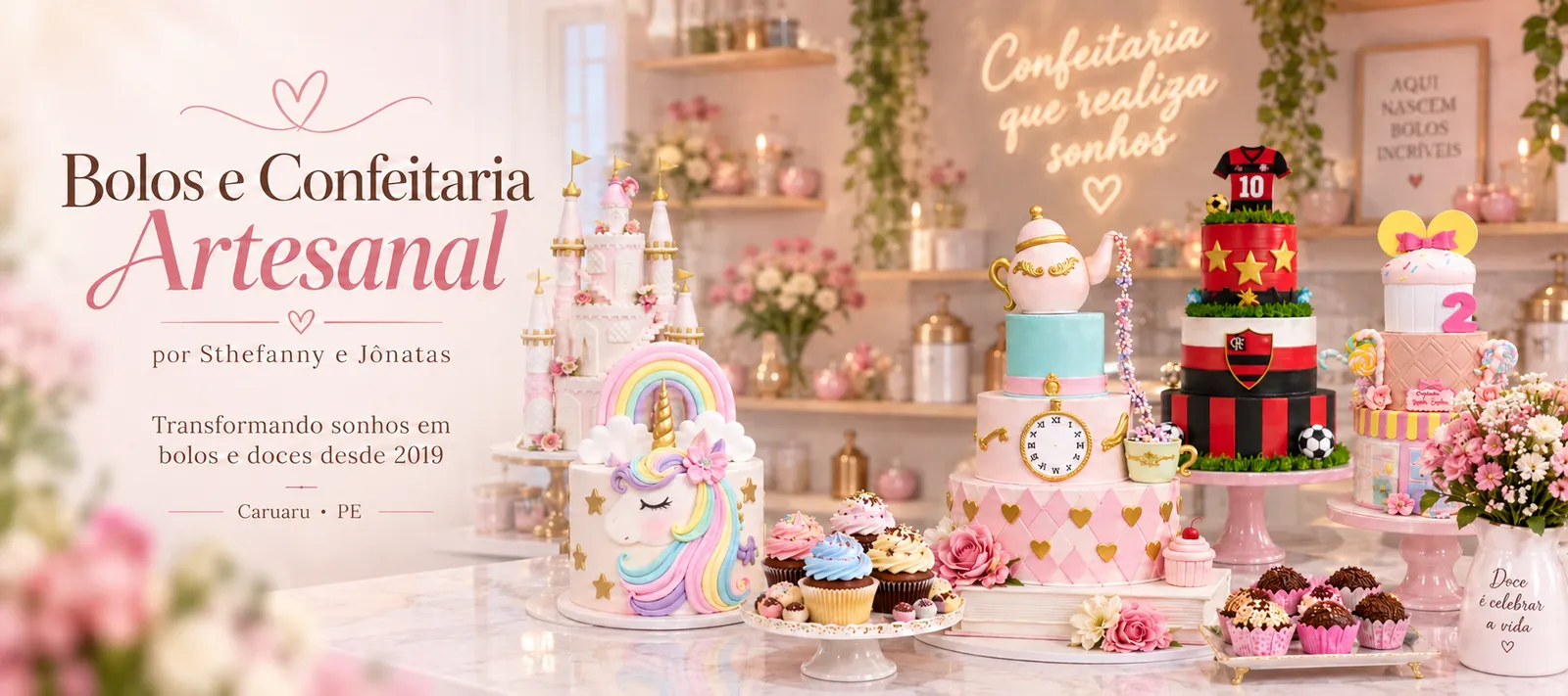 Bolos e Confeitaria Artesanal por Sthefanny e Jônatas: mesa com bolos temáticos, cupcakes e docinhos, transformando sonhos em bolos e doces desde 2019 em Caruaru