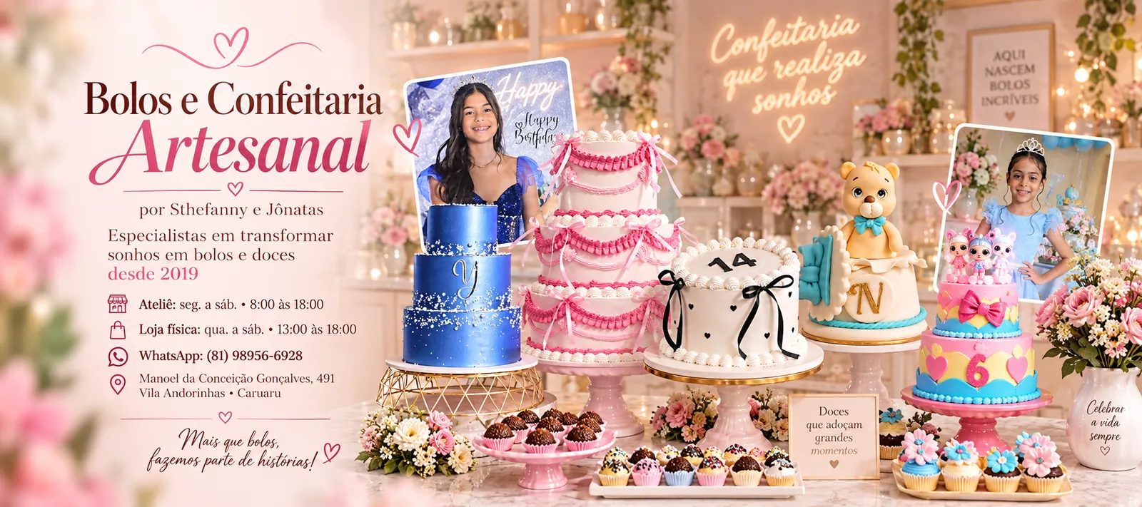 Doces Luma Cakes: ateliê de segunda a sábado das 8h às 18h, loja física de quarta a sábado das 13h às 18h, WhatsApp (81) 98956-6928, Vila Andorinhas, Caruaru